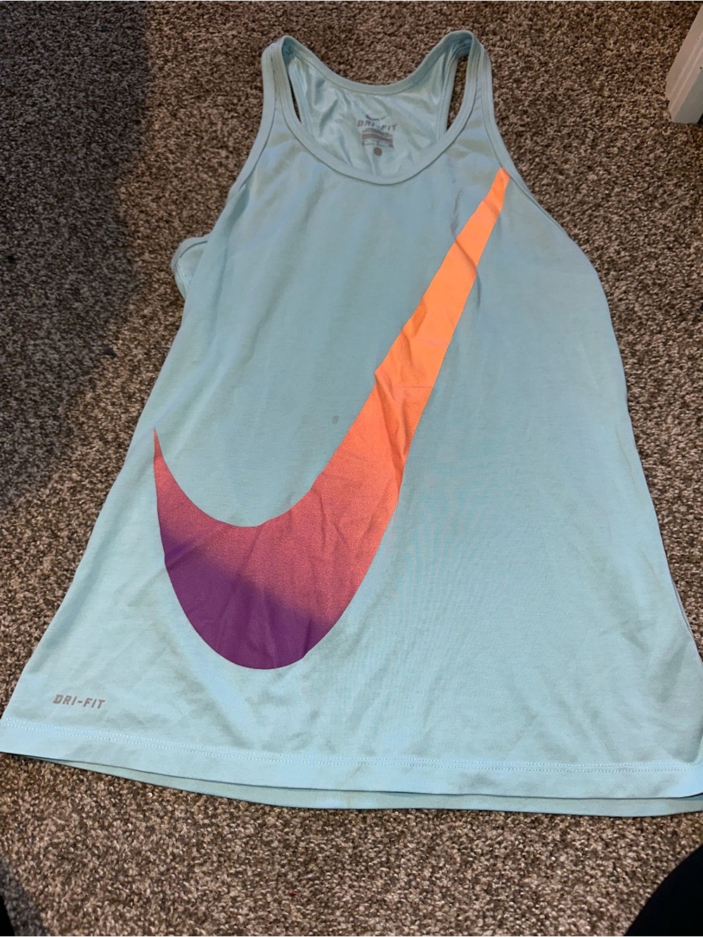 Nike Aqua Racerback Tank with Orange-to-Purple Gradient Swoosh